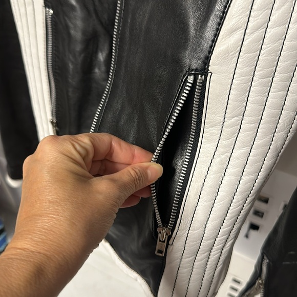 Leather Black and White Racer Jacket - Picture 5 of 6